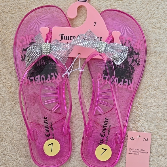 Juicy Couture Shoes - Juicy Couture Spain Rhinestone Bow Slip On Flat Pink Flip Flops Size 7